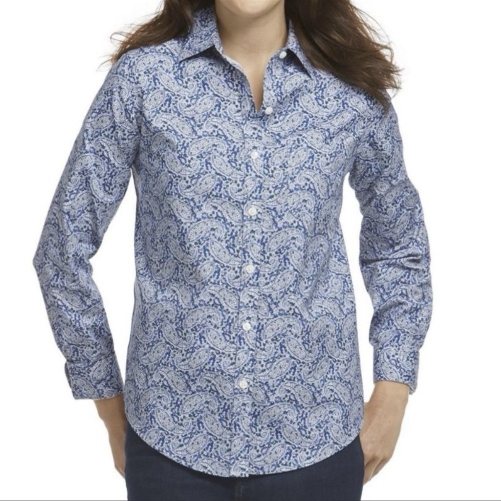 LL Bean Blue Paisley Wrinkle Free Pinpoint Oxford Long Sleeve Button Shirt LARGE